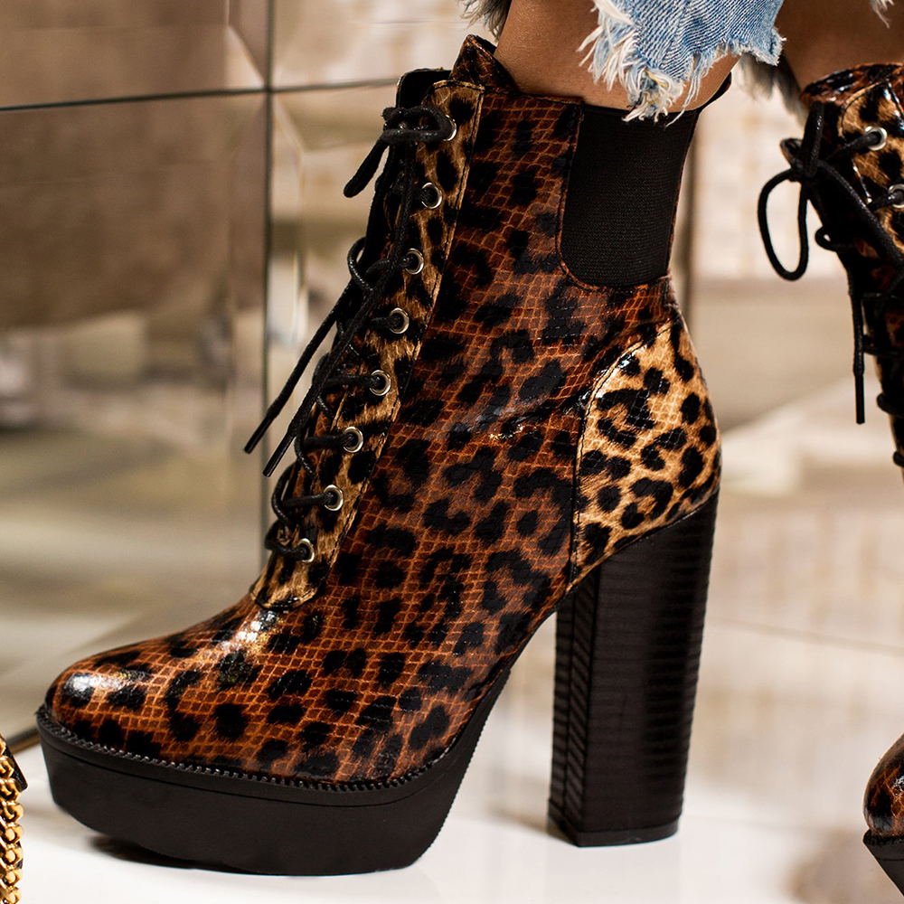 Stylish Leopard Print Round Toe High Heel Lace Up Boots with Platform Nicepairs