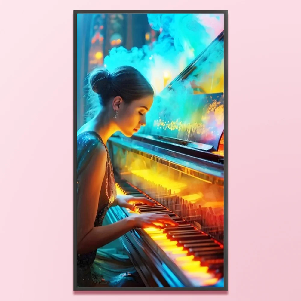 Full Embroidery Eco-cotton Thread 14CT Stamped Cross Stitch - Girl Piano(Canvas|40*70CM)