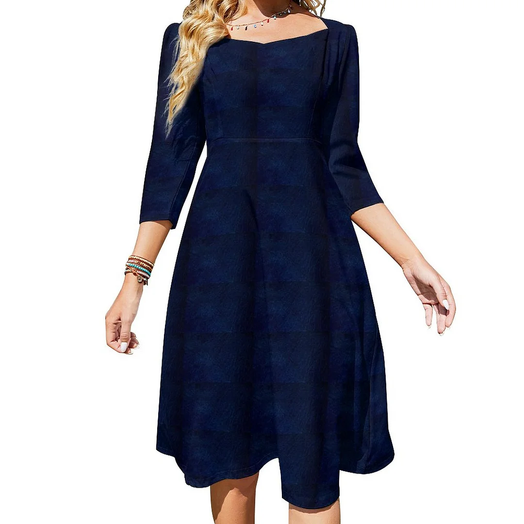Navy Blue Faux Leather Fashion Dress Sweetheart Tie Back Flared 3/4 Sleeve Midi Dresses