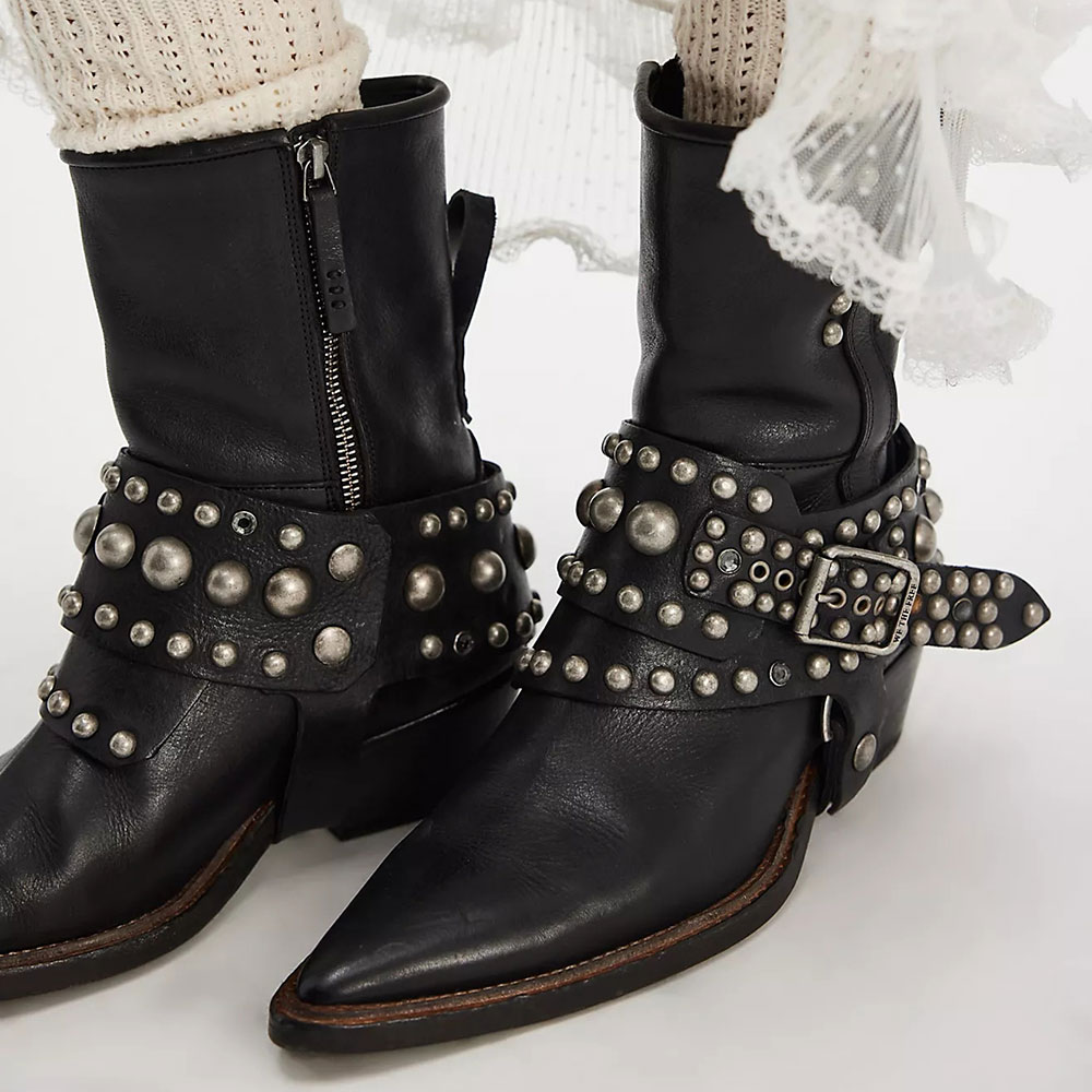 Studded Pointed Toe Block Low Heel Black Western Boots for Women Nicepairs