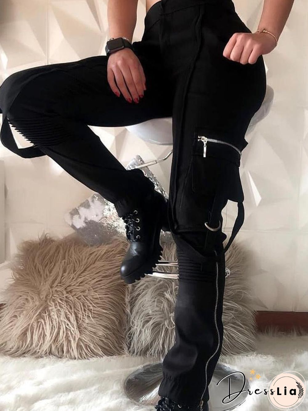 Spring Side Design Patchwork Zip Pocket Long Pants Women Elastic Waist Pleated Trousers Fashion Casual Jogging Cargo Pants