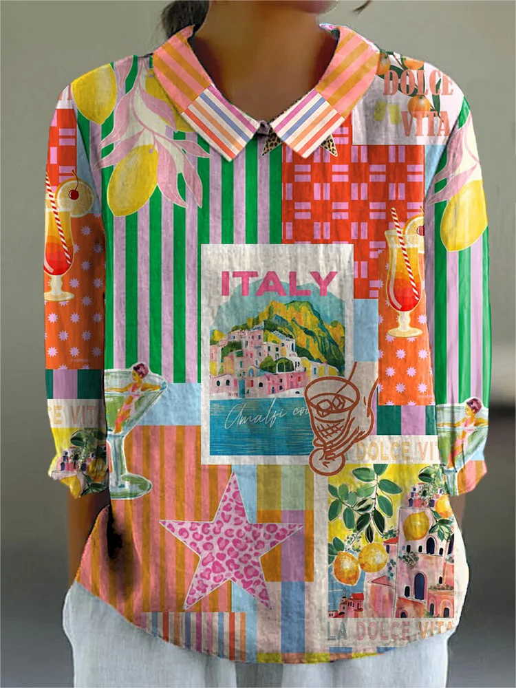 European Vacation Inspired Pattern Printed Women's Casual Cotton And Linen 3/4 Sleeve Shirt