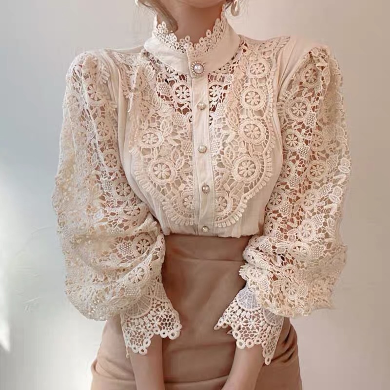 Vintage Solid Lace Shirts Loose Casual Blouse