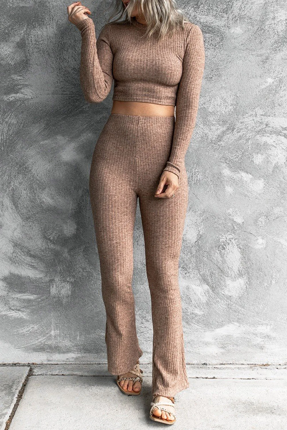 Ribbed Knit Long Sleeve Crop Top and Pants Two Piece Set | IFYHOME