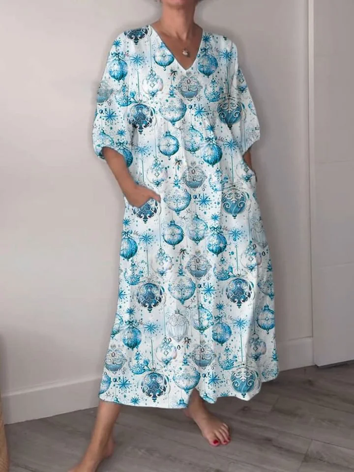 Women's Blue Decorated Christmas Print Pocket V-neck Cotton Dress