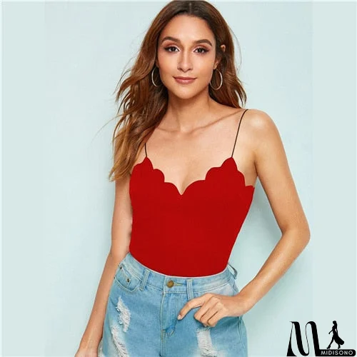 MidiSono - Trim Rib-Knit Top Solid Slim Fit Summer Women Clothing Strap Tops