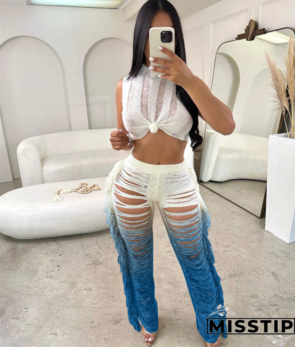 Gradient Knitted Tassel Two Piece Pants Set