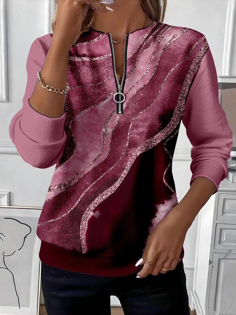 Women Long Sleeve Scoop Neck Striped Colorblock Printed Graphic Zipper Tops