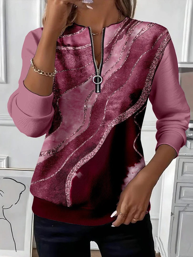 Women Long Sleeve Scoop Neck Striped Colorblock Printed Graphic Zipper Tops