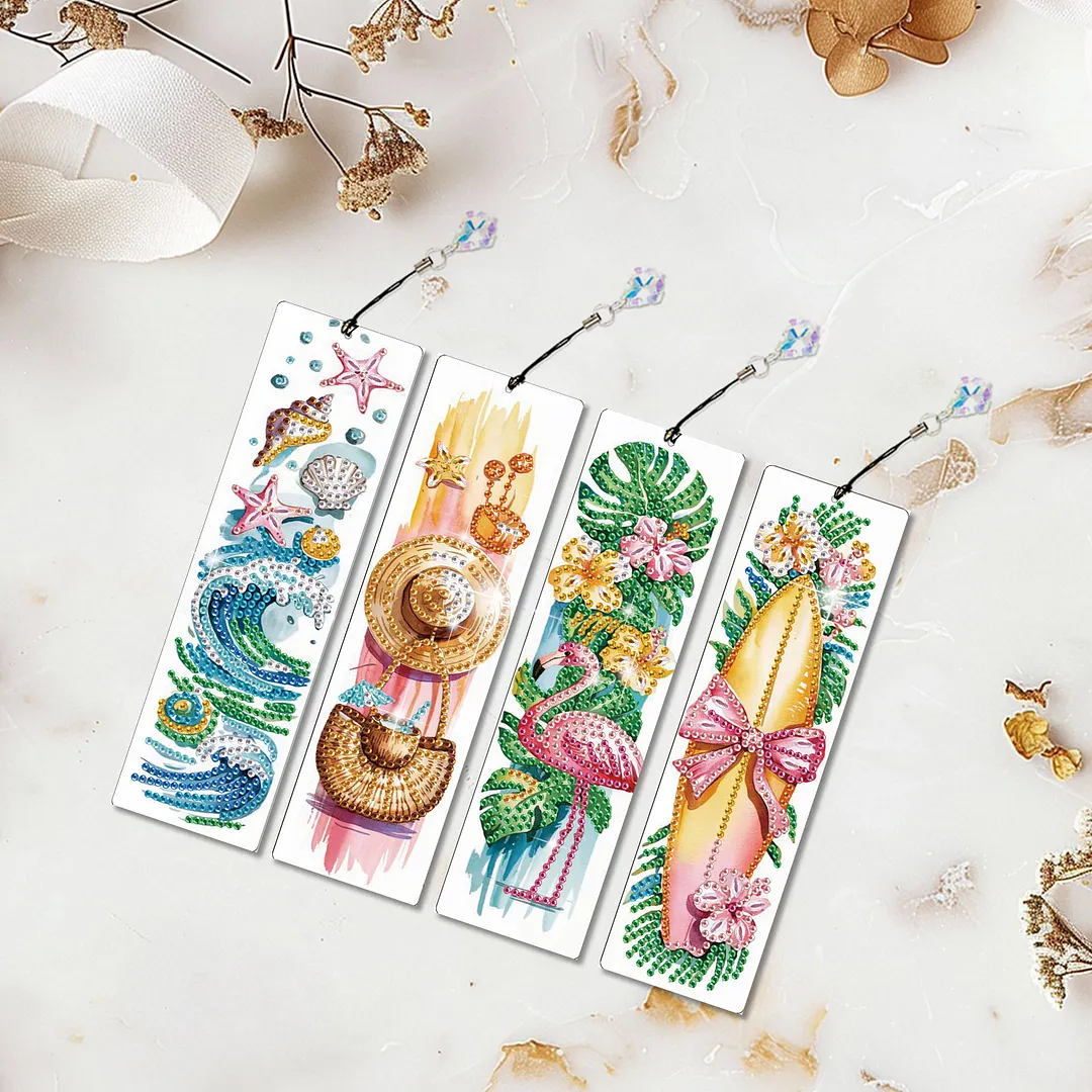 4Pcs Tropical Beach Style DIY Diamond Painting Bookmark with Crystal Pendants Diamond Painting Art Bookmarks Special Shape for DIY Making Beginners Adult Arts Craft Supplies