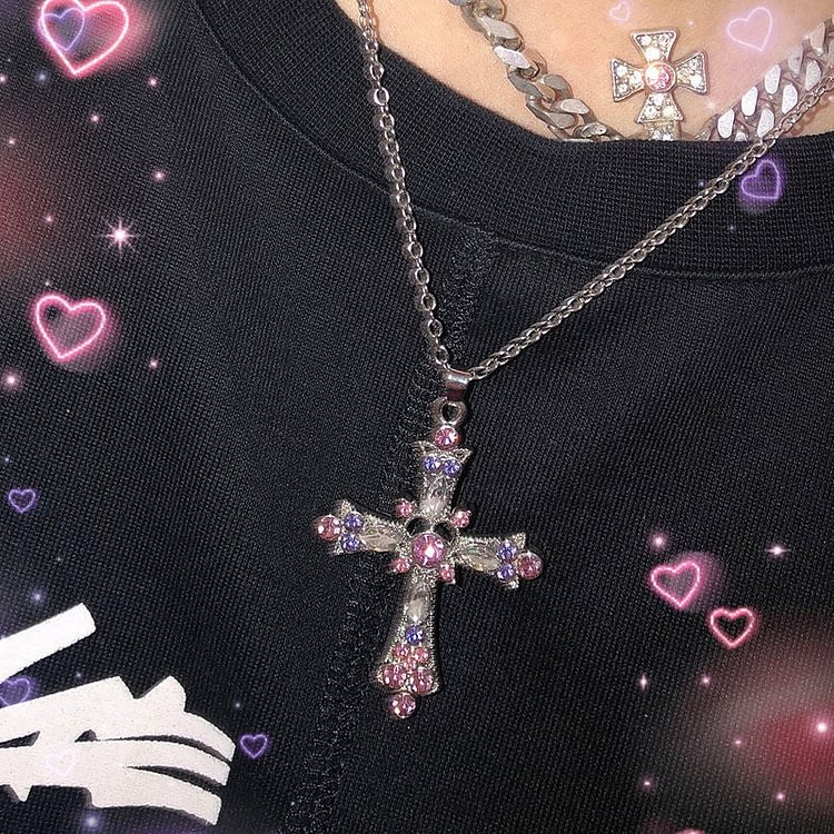 Multi Color Diamond  Zircon Cross Pendant Necklace - Gotamochi Kawaii Shop, Kawaii Clothes