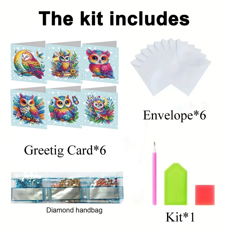 6Pcs Owl DIY Diamond Painting Greeting Card 5D Drill Painting Blessing Card Kit【With White Envelope】