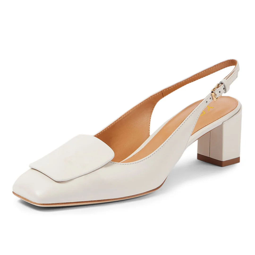 Vegan Leather Square-Toe Buckle Strap Slingback Heels in White