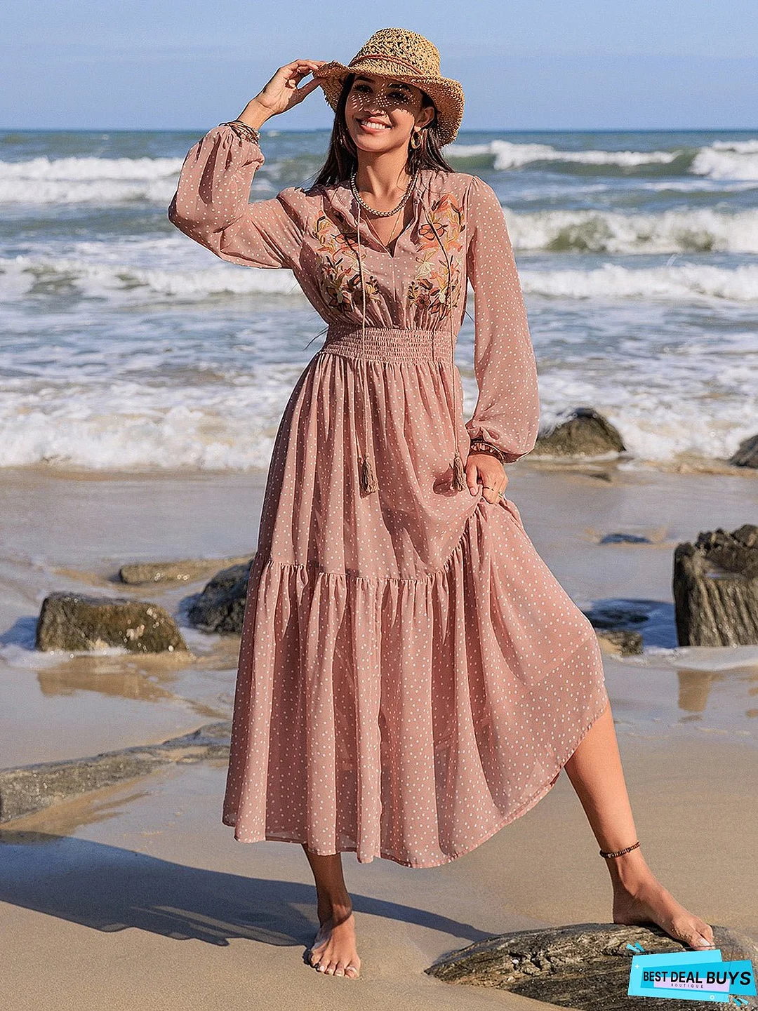 Embroidered Polka Dot Tie Neck Long Sleeve Midi Dress