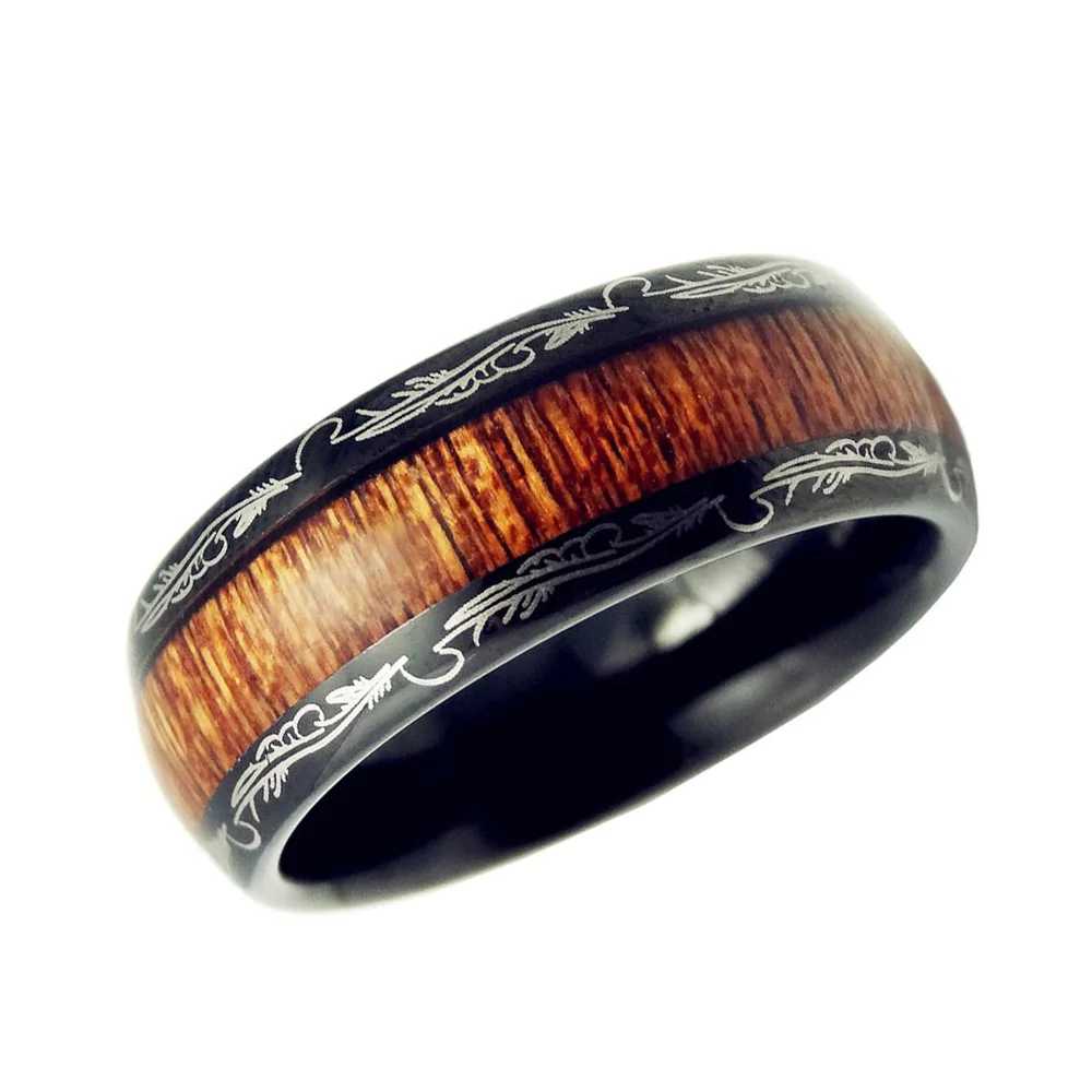 8MM Mens Black Laser Polished Edge Tungsten Rings Wood Inlay