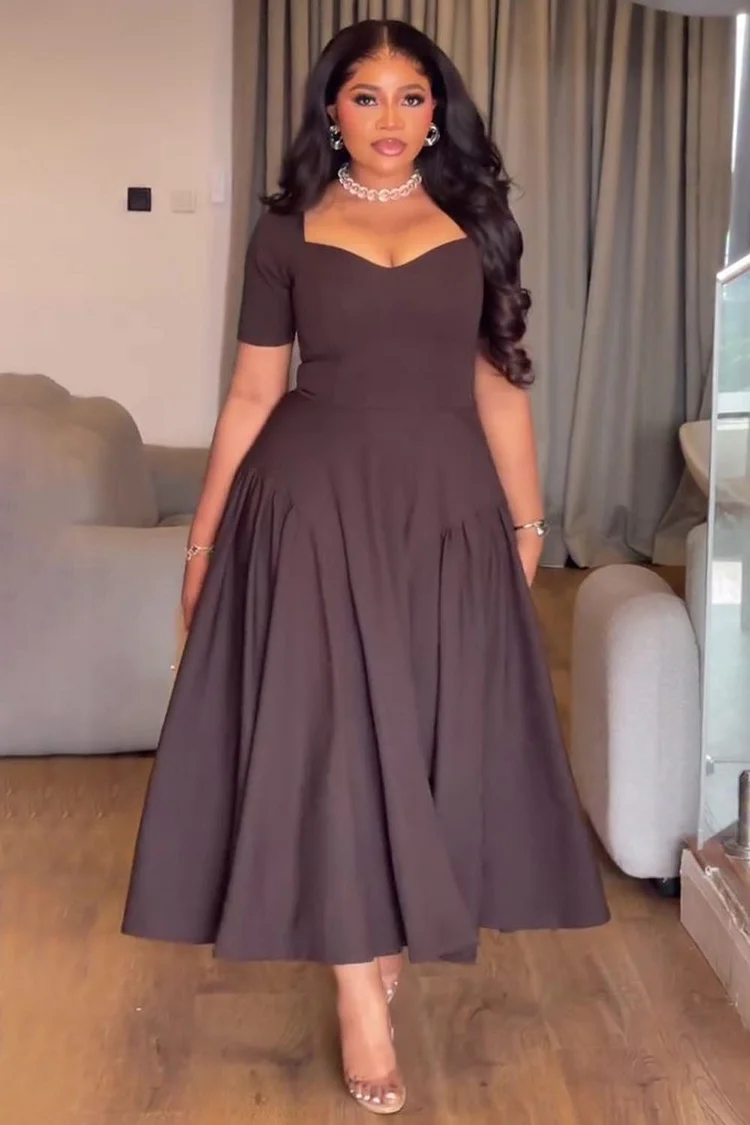 Short Sleeve Dropped Waist A-Line Solid Daily Maxi Dresses-Brown