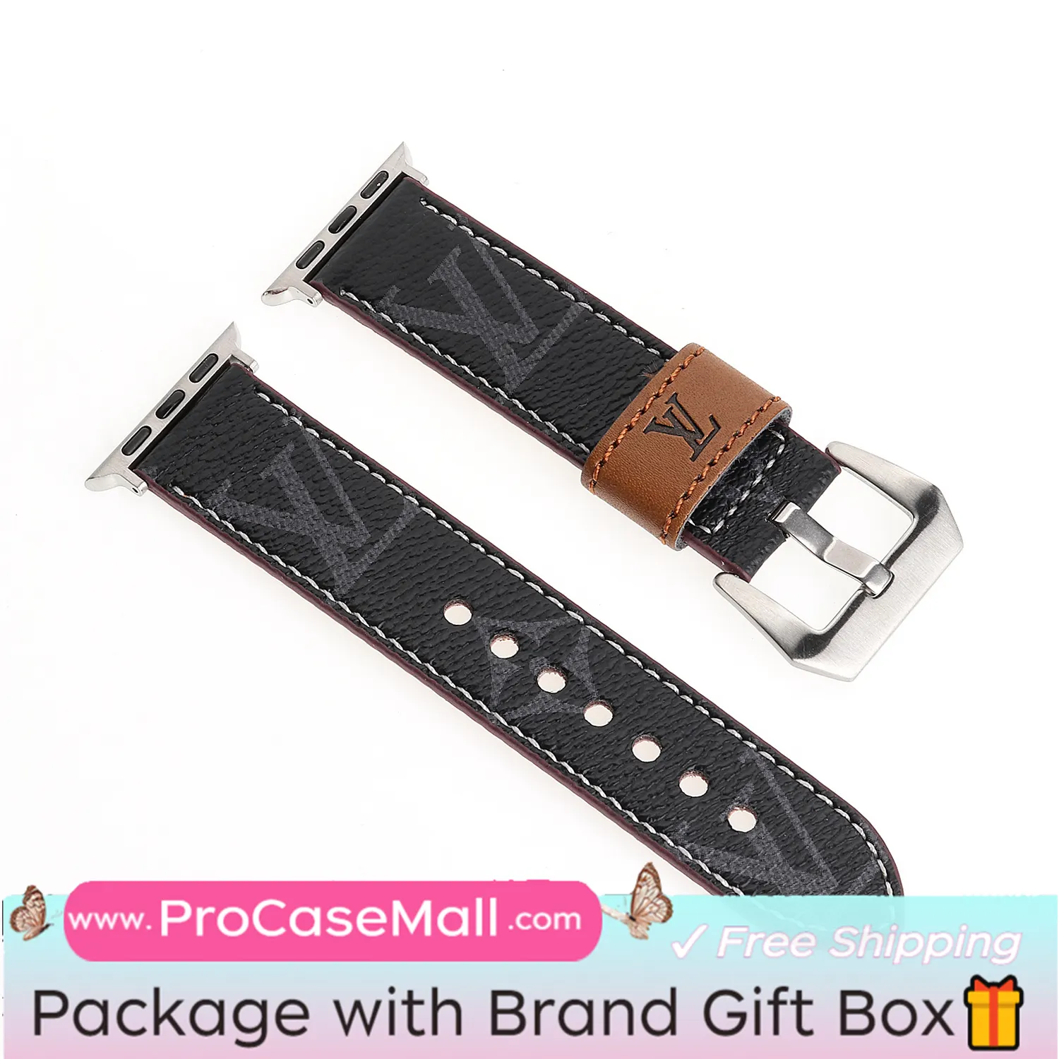 LV Genuine Leather Monogram Canvas Apple Watch Strap Checkerboard Canvas