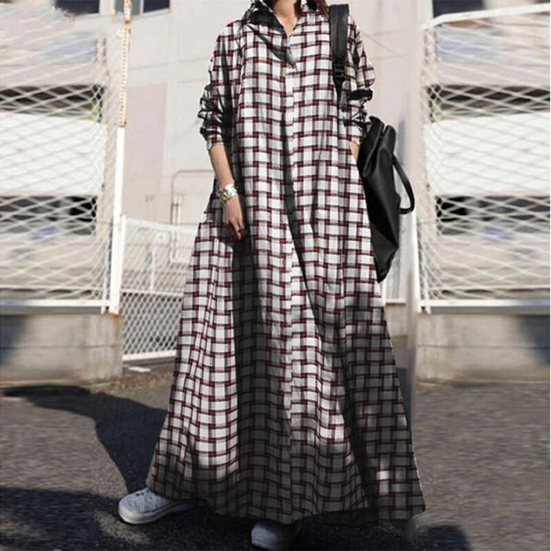 2021 Autumn Plaid Women Vintage Long Sleeve Loose Dress Plus Size Maxi Long Sundress Kaftan Female Plaid Party Vestidos Robe