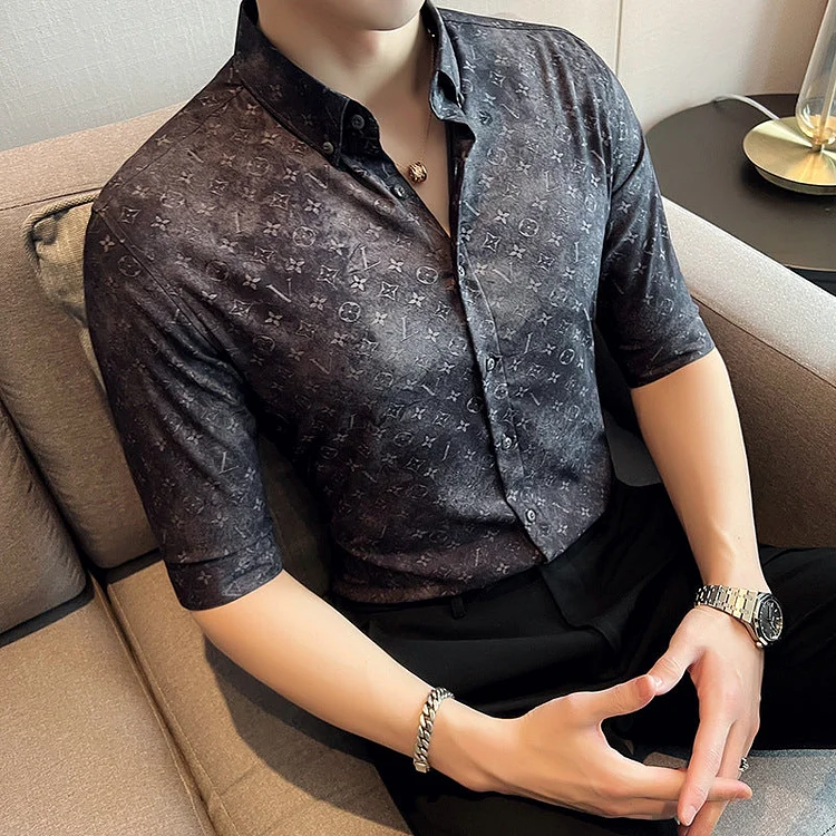 Men Shirts Floral Print Mid-Length Sleeves Shirt