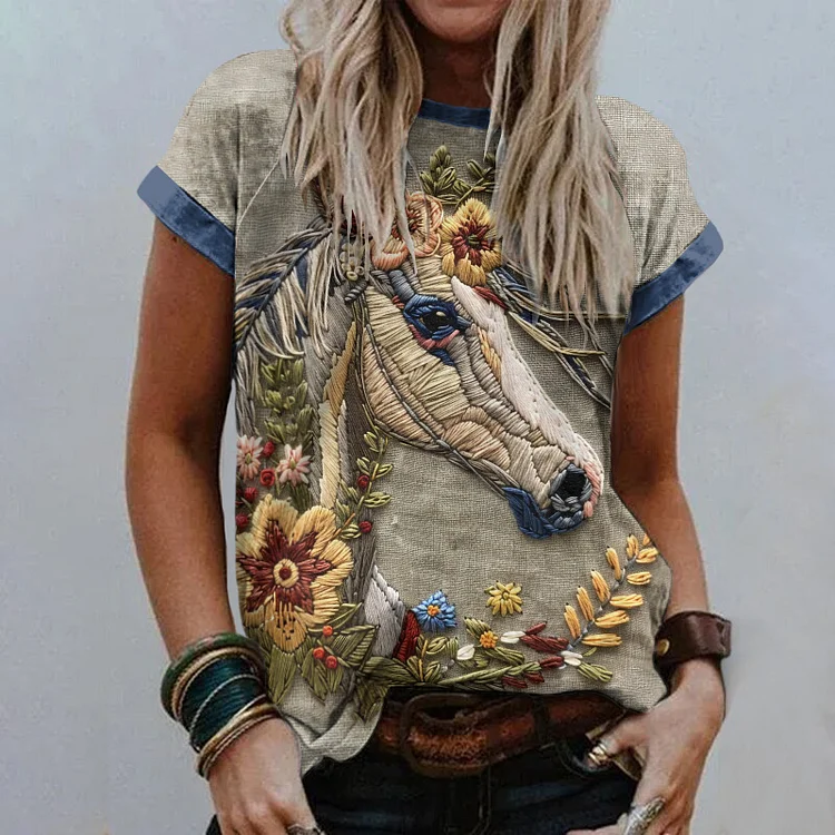 Western Horse Print Short Sleeve Casual T-Shirt