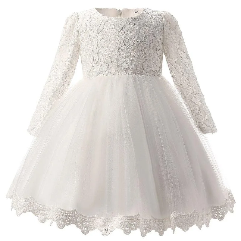 Baby Girl Long Sleeves Dress Newborn White Baptism Dress Flower Girls Dress Toddler Christening Gown Elegant Lace Princess Dress