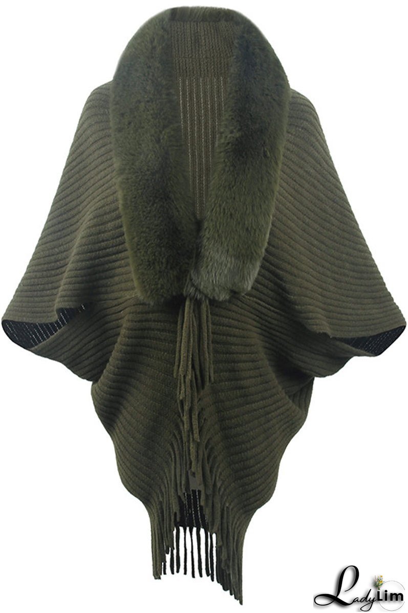 Fur Collar Fringed Knit Shawl Sweater