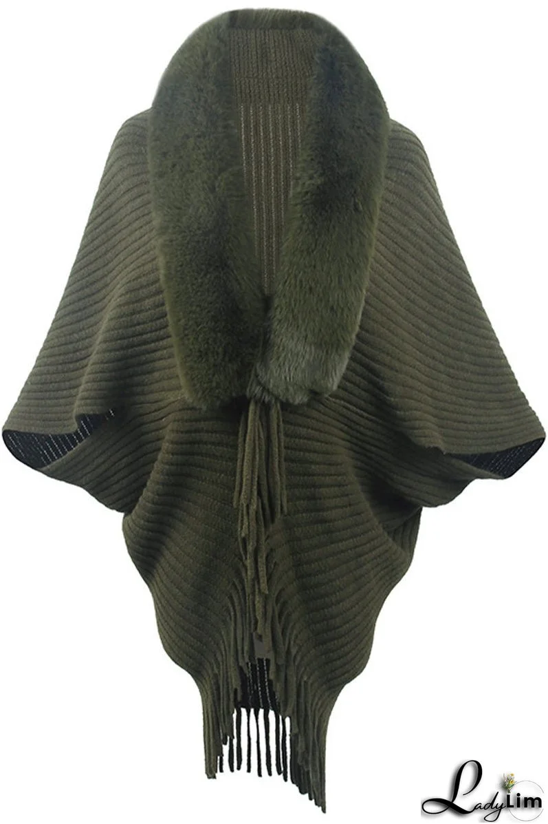 Fur Collar Fringed Knit Shawl Sweater
