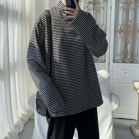Greenacrs mens winter vest jacket Top Half Turtleneck T Shirt for Man Quality Neck Men's Clothing Polyester Stripe Green Collared with Collar Long Sleeve Normal A