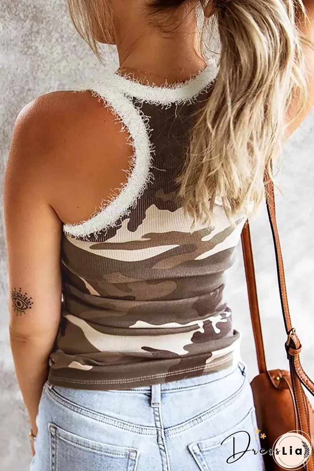 Camouflage Stitching Plush Neckline Tops(3 colors)