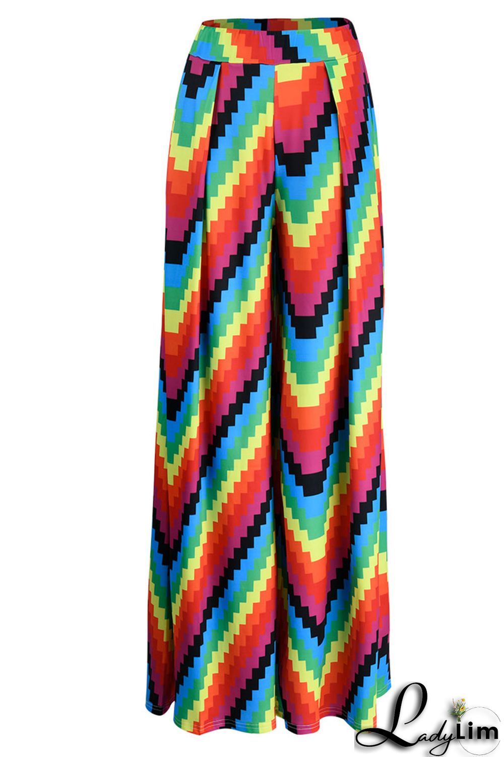 Colour Casual Print Split Joint High Waist Wide Leg Full Print Bottoms