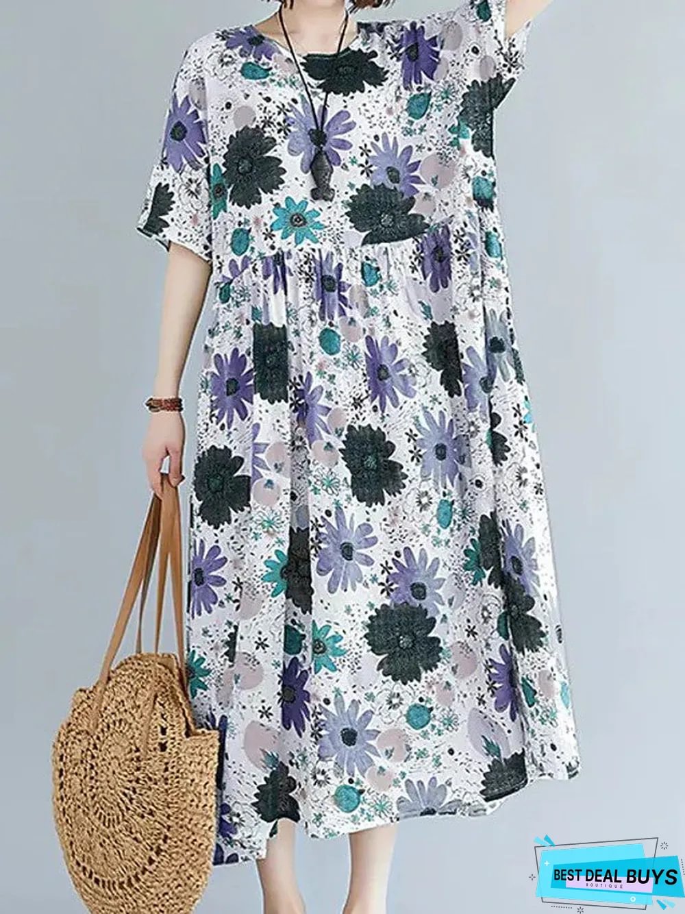 Womens Swing Dress Maxi Long Short Sleeve Floral Patchwork Print Summer Fall Elegant