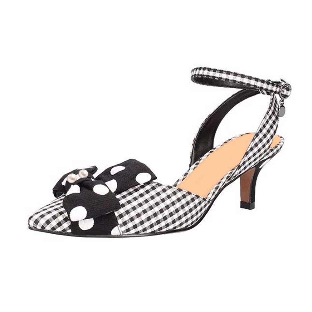 Black & White Pointed Toe Plaid Pumps With Dot Bow Decor Slingback Ankle Strap Kitten Heels Nicepairs