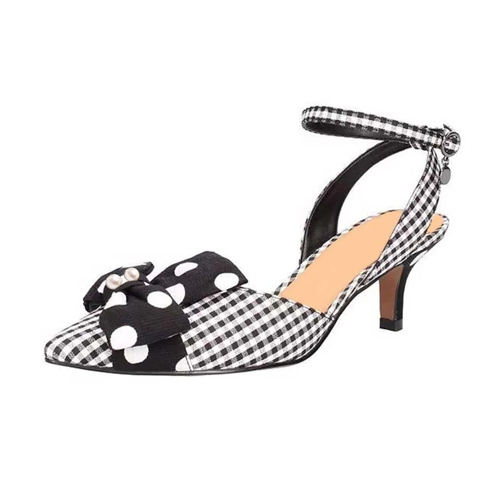 Black & White Pointed Toe Plaid Pumps With Dot Bow Decor Slingback Ankle Strap Kitten Heels Nicepairs