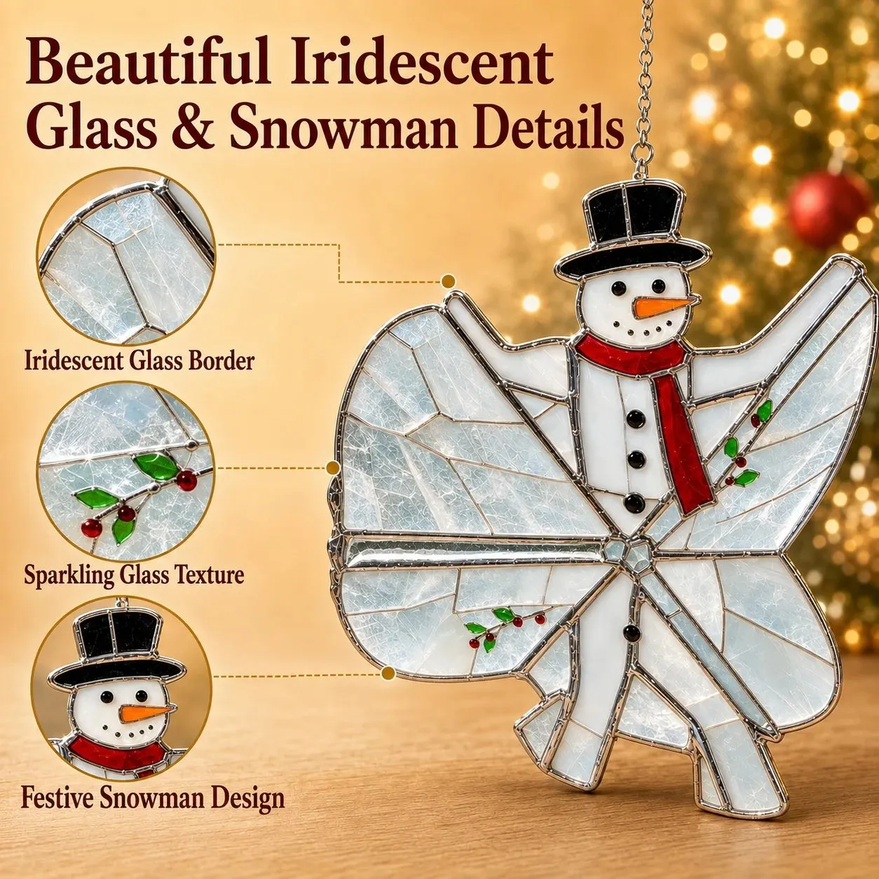 Close view of the snowman design and iridescent glass-style texture