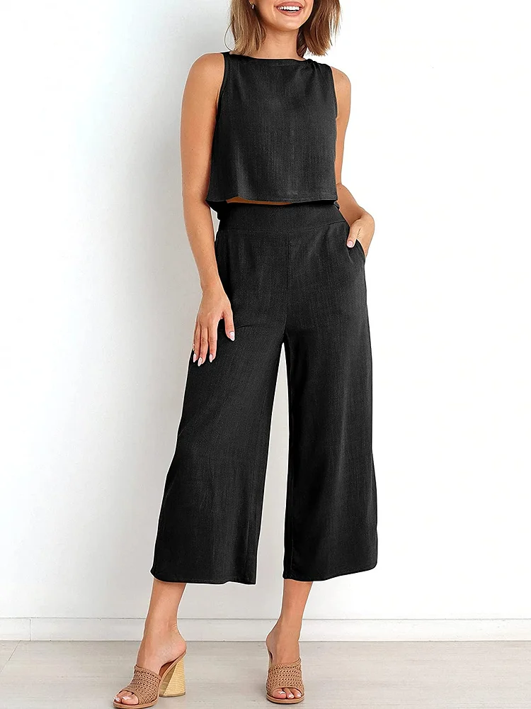 2-Piece Sleeveless Vest Exposed Navel Button Top Cropped Wide Leg Pants Suit VangoghDress