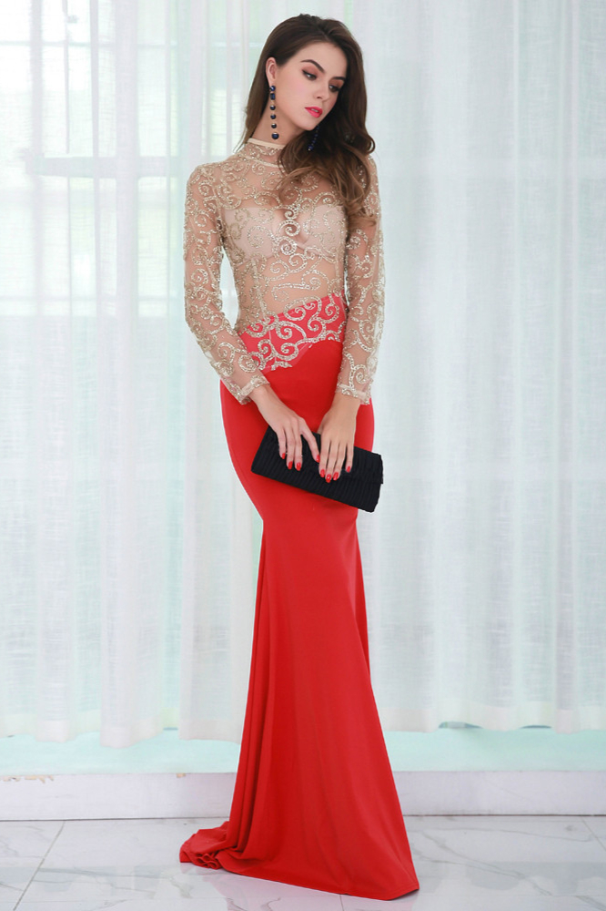 Bellasprom Red Sequins Mermaid Prom Dress Online Long Sleeve Bellasprom