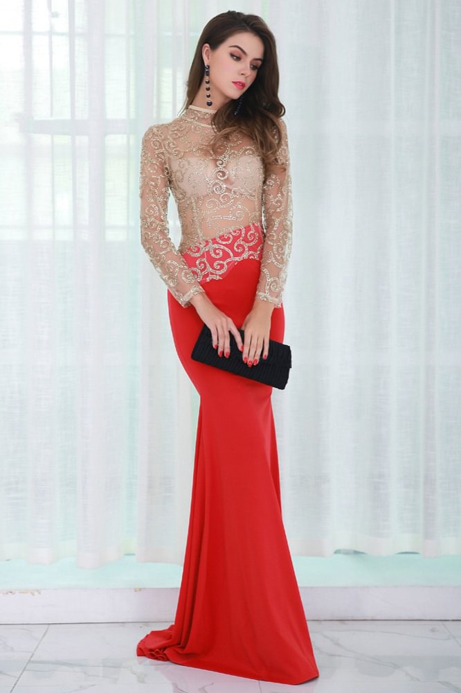 Bellasprom Red Sequins Mermaid Prom Dress Online Long Sleeve