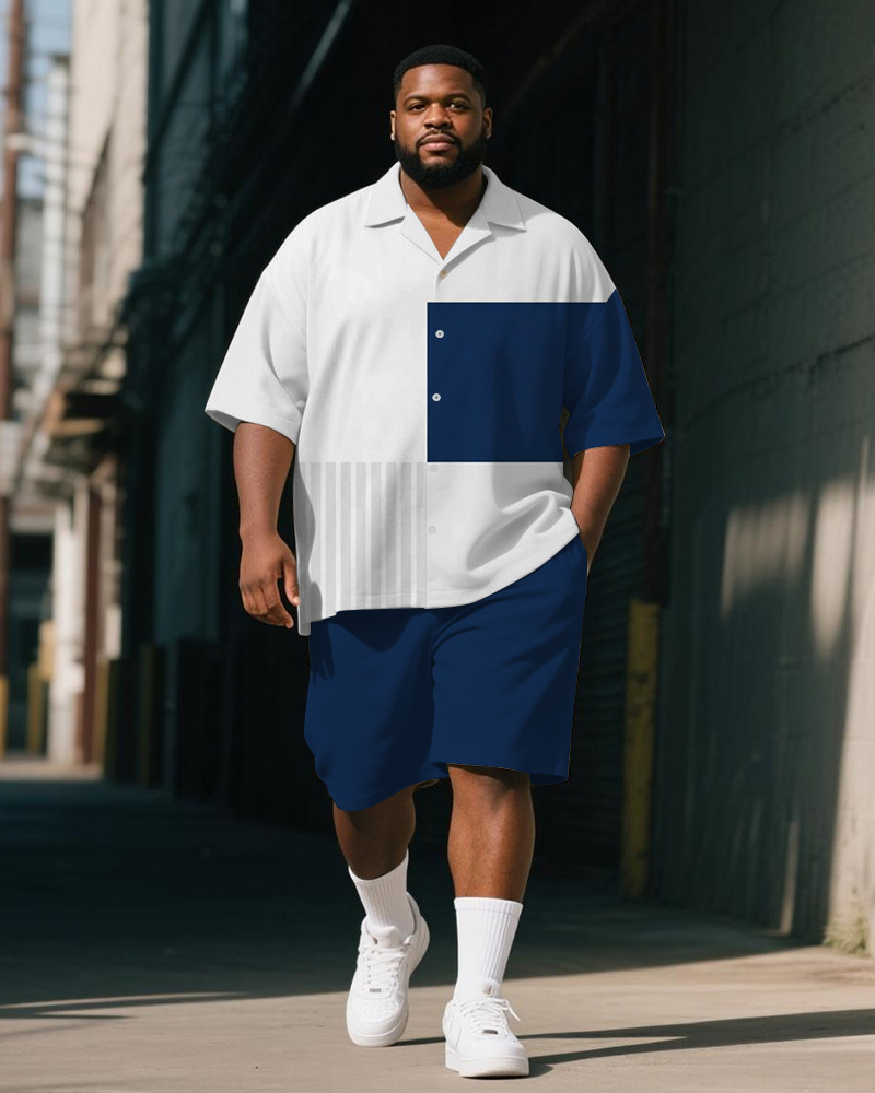 Men's Plus Size Casual Business Blue Geometric Stripe Alphabet Print Shirt Shorts Suit
