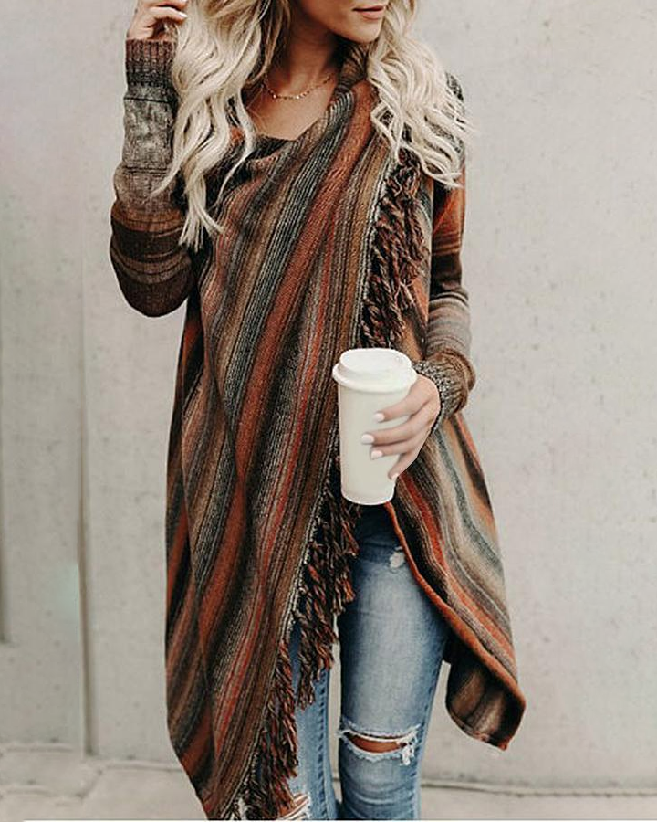 Tassels Long Sleeve Colorful Striped Sweater-mysite