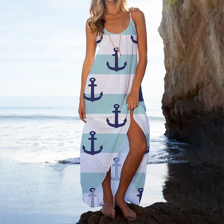 Resort Print Strappy Beach Ocean Maxi Dress