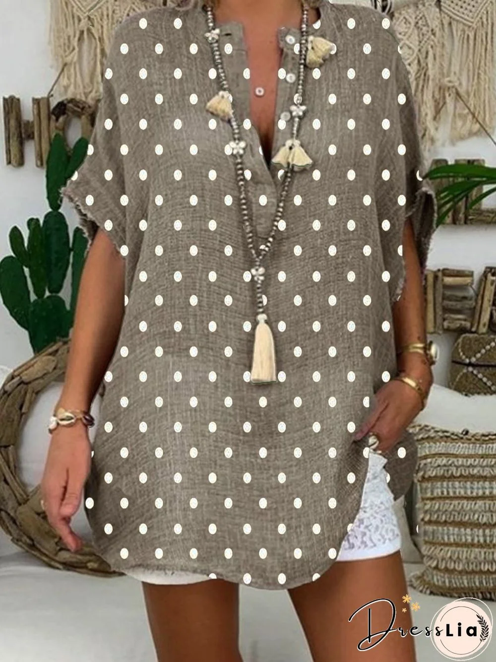 Khaki Polka Dots Printed V Neck Shift Short Sleeve Vintage Casual Tops