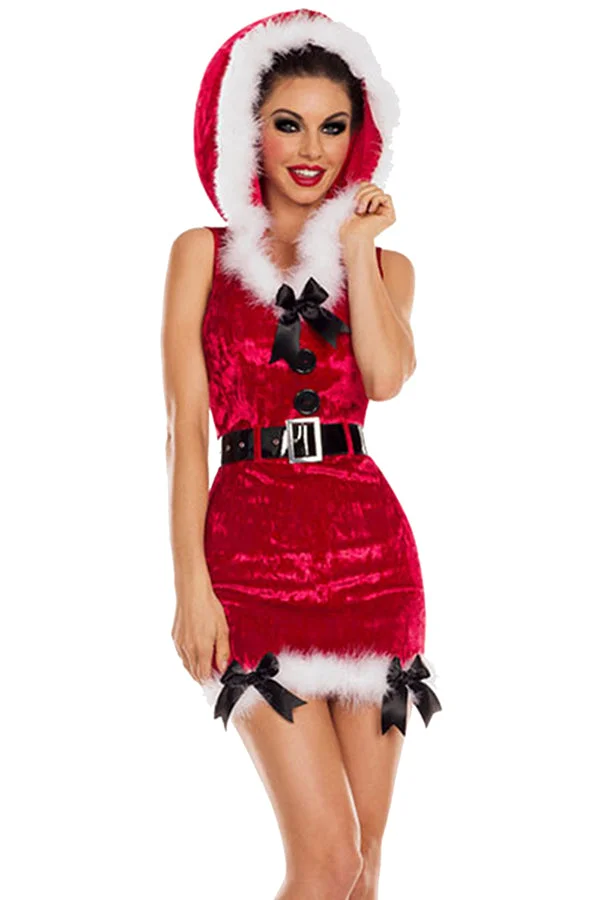 Sexy Hooded Bow Tie Christmas Santa Dress Costume Red-elleschic