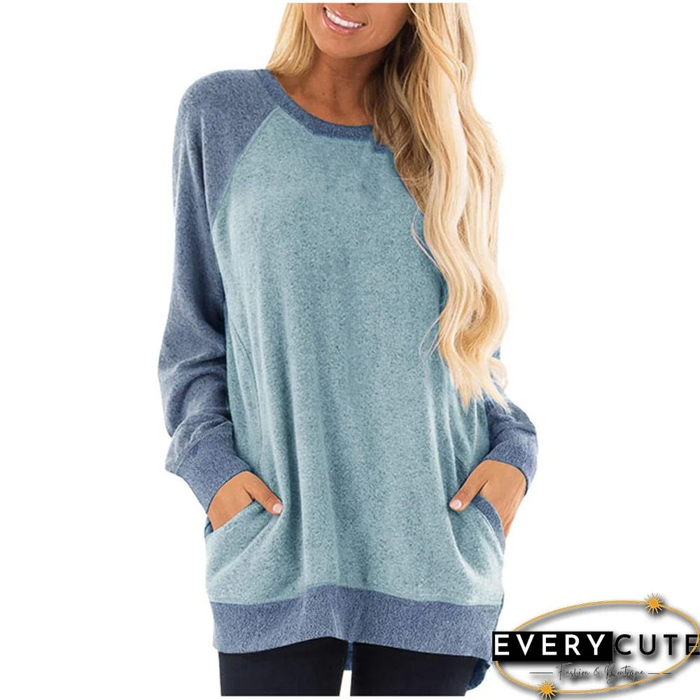 Light Blue Contrast Pocket Long Sleeve Sweatshirt