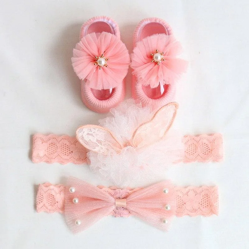 3Pcs/Set Lace Flower Baby Girl Headband Socks Set Crown Bows Newborn Hairband Headbands For Girls Turban Baby Hair Accessories