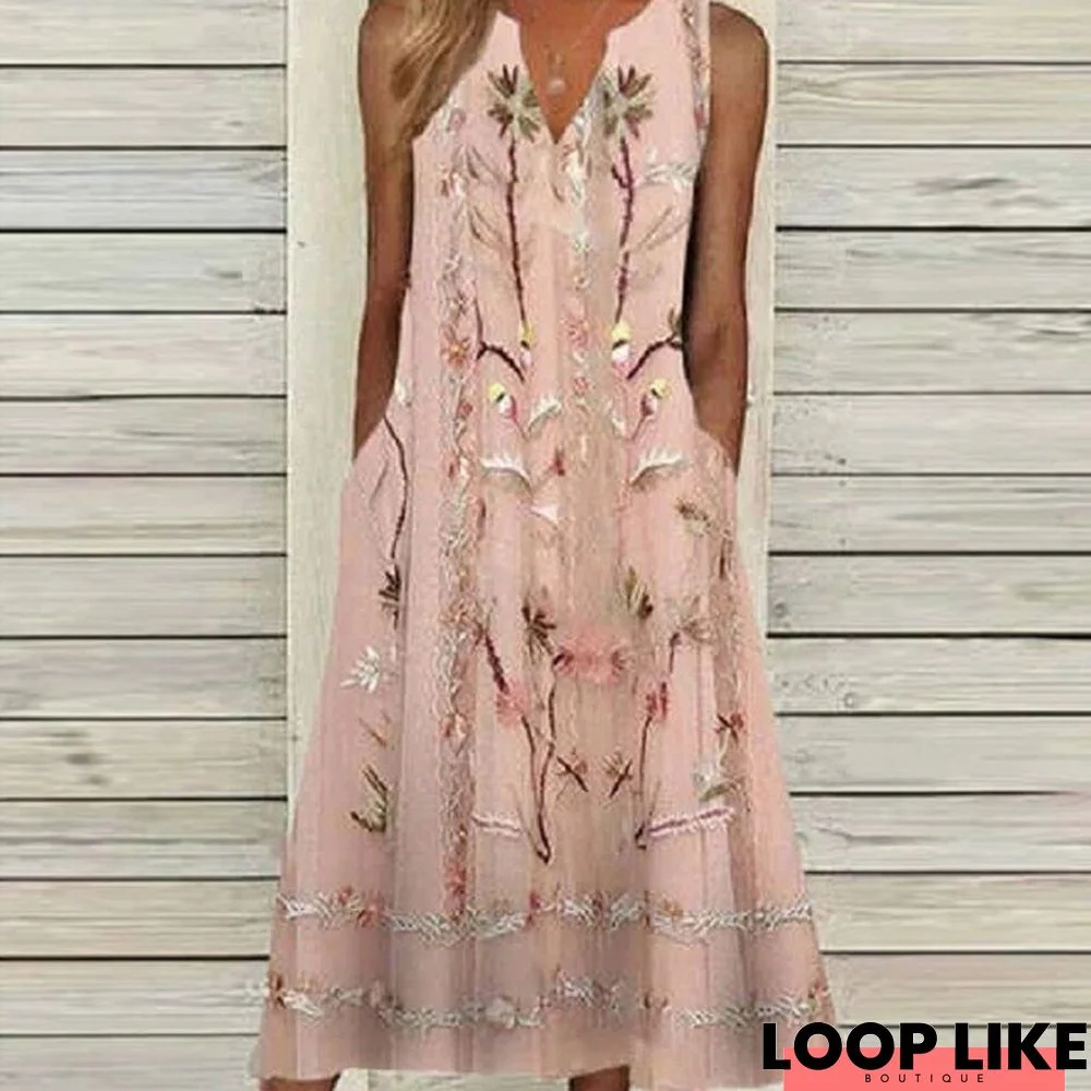 Floral Print V-Neck Pullover Short Sleeve Pocket Long Dress