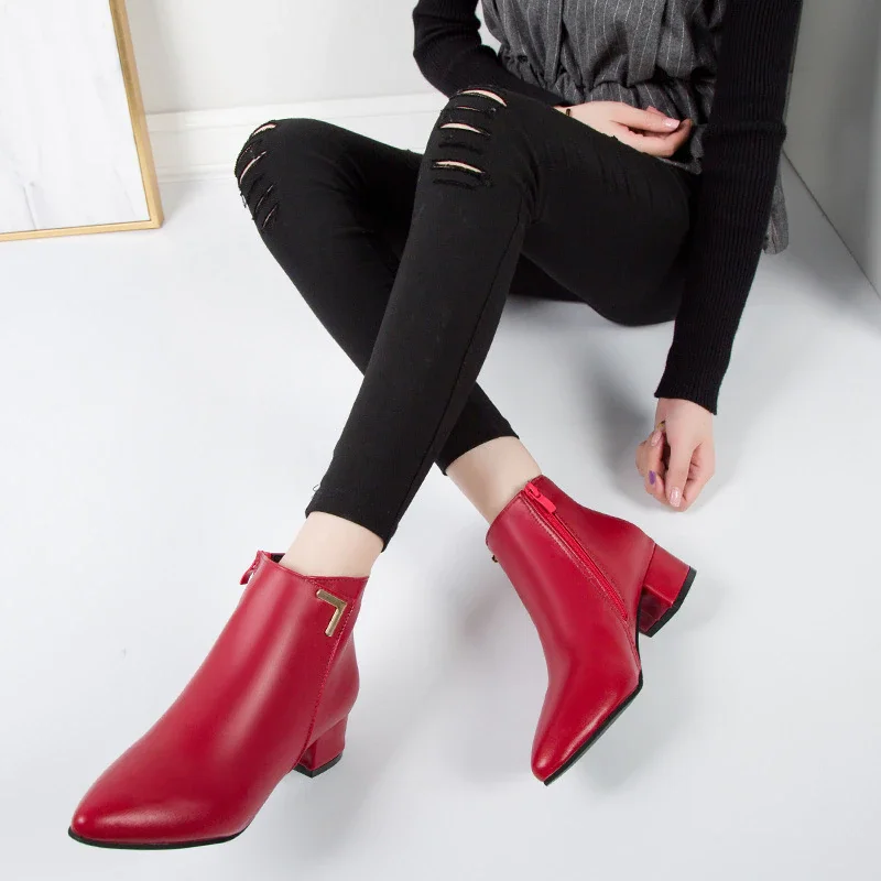 YENGM Women's Boots Plush Warm Autumn Winter Big Sizes Boot Vintage Block Heel Ankle Boots Zipper High Heels Women Shoes