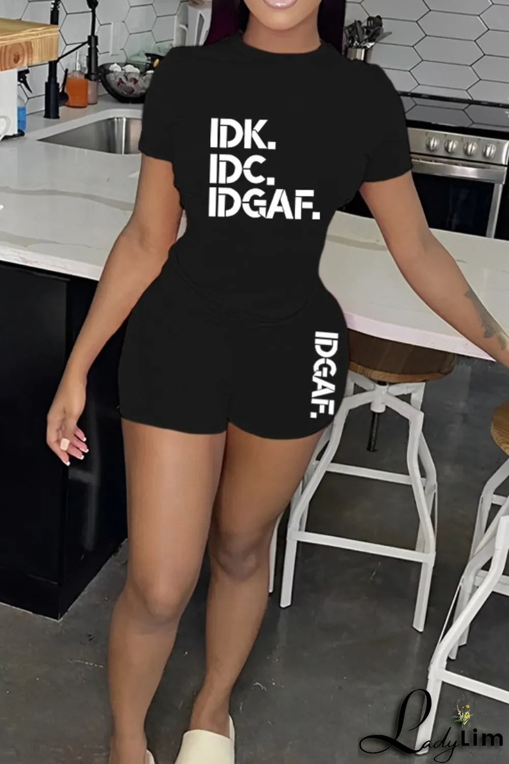 Black Casual Letter Print Basic O Neck Short Sleeve Two Pieces