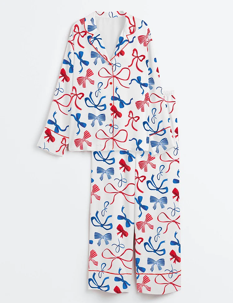Women&rsquo;s Red White And Blue Coquette Bow 4th Of July Long Sleeve Satin Pajama Set