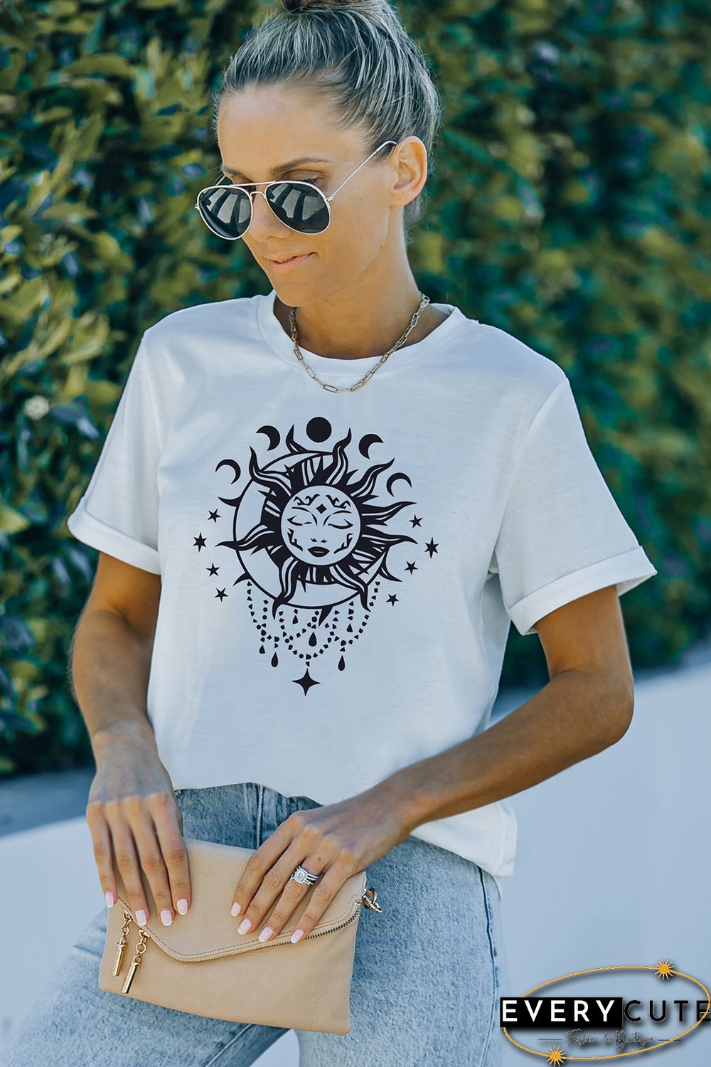 White Sun Moon Face Print Short Sleeve Graphic T-shirt