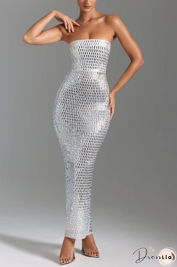 Flash Sculpture Rhinestone Embellished Bandeau Slit Stretch Maxi Dress